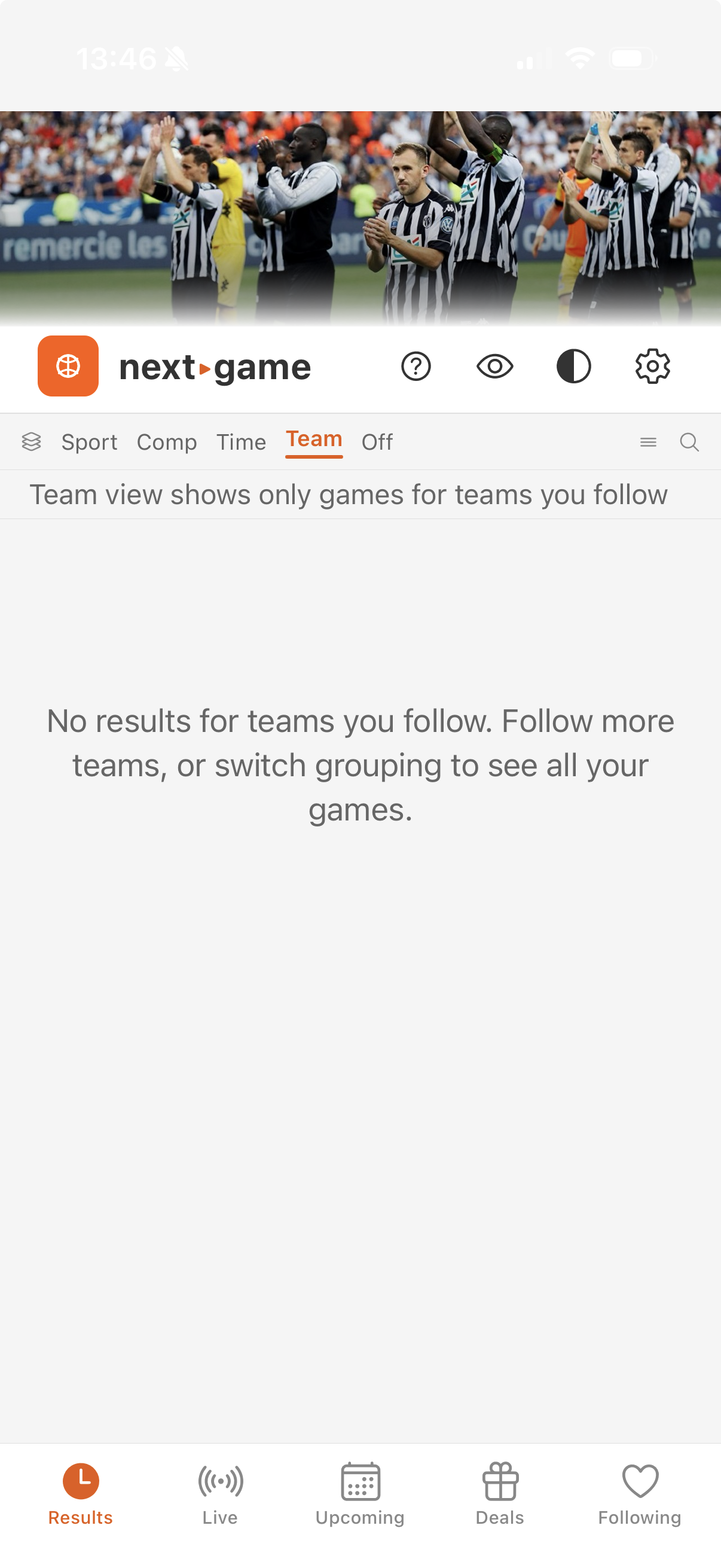 The grouping bar: Sport, Comp, Time, Team, Off