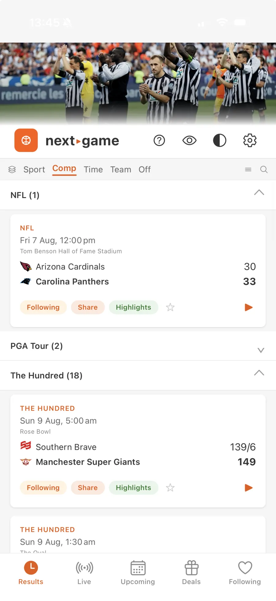 next▸game Results tab, games grouped by competition