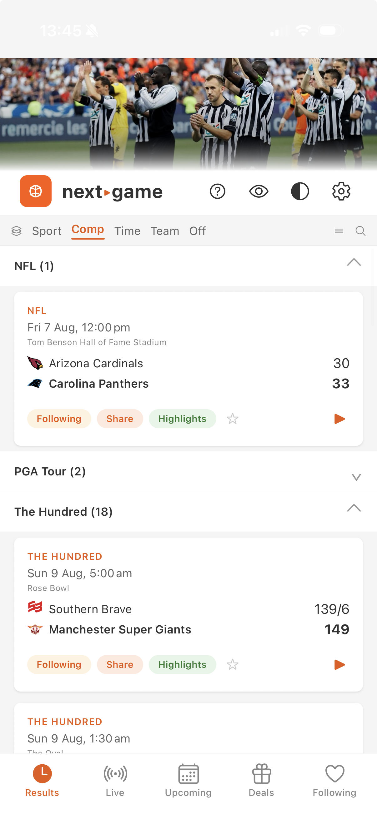 next▸game Results tab, games grouped by competition